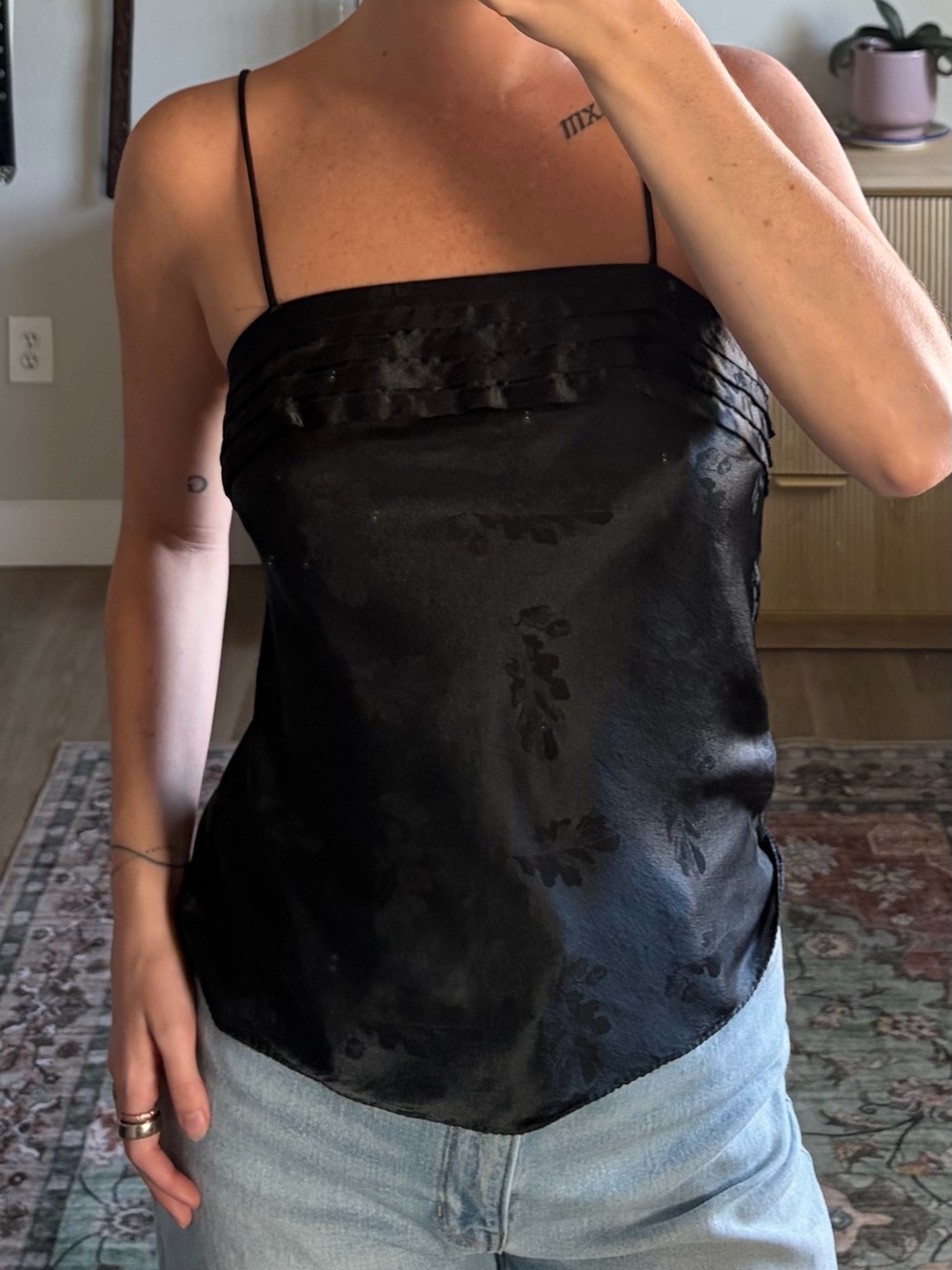 Vintage Deena Black Satin Floral Cami Size 34 Y2K